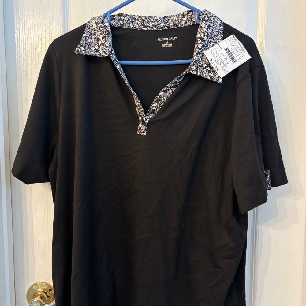 Allison Daley Black Polo with Floral Collar
